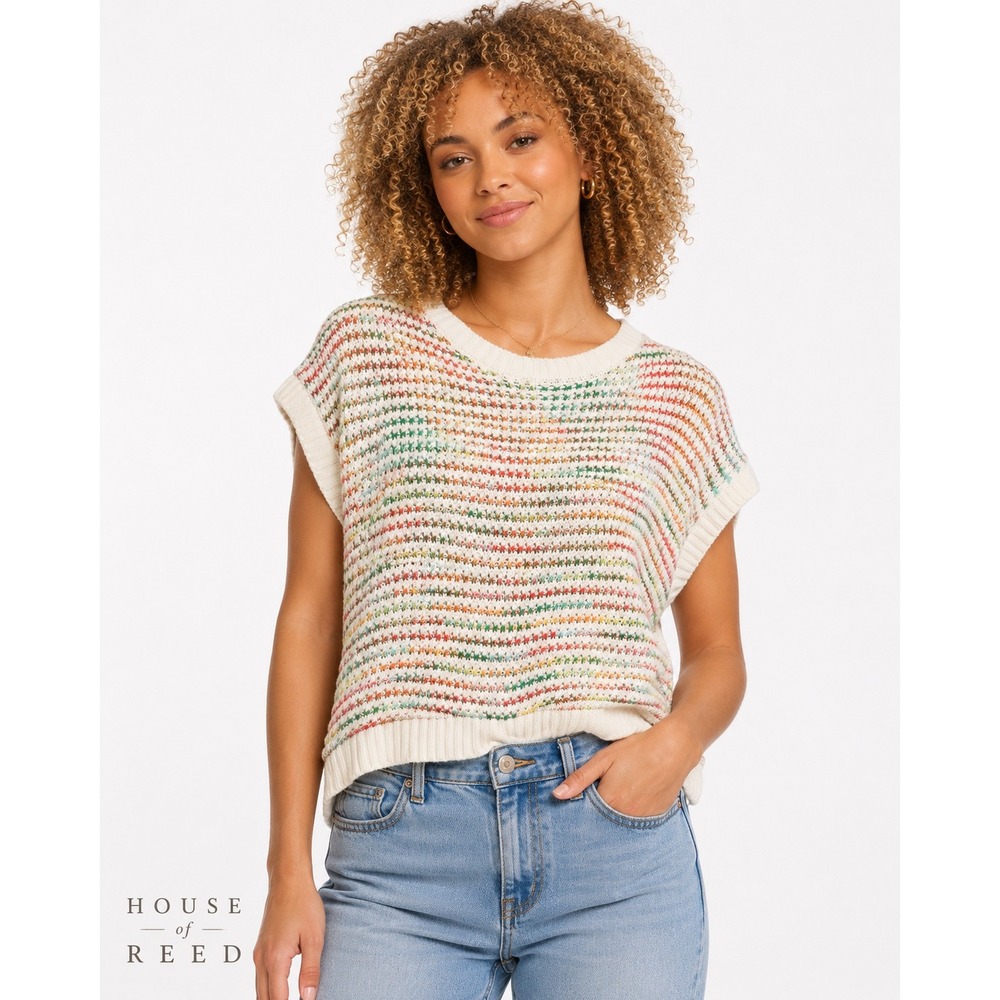 Knit Mix Womens Multicolor Space Dye Knit Short Sleeve Sweater Top Size M